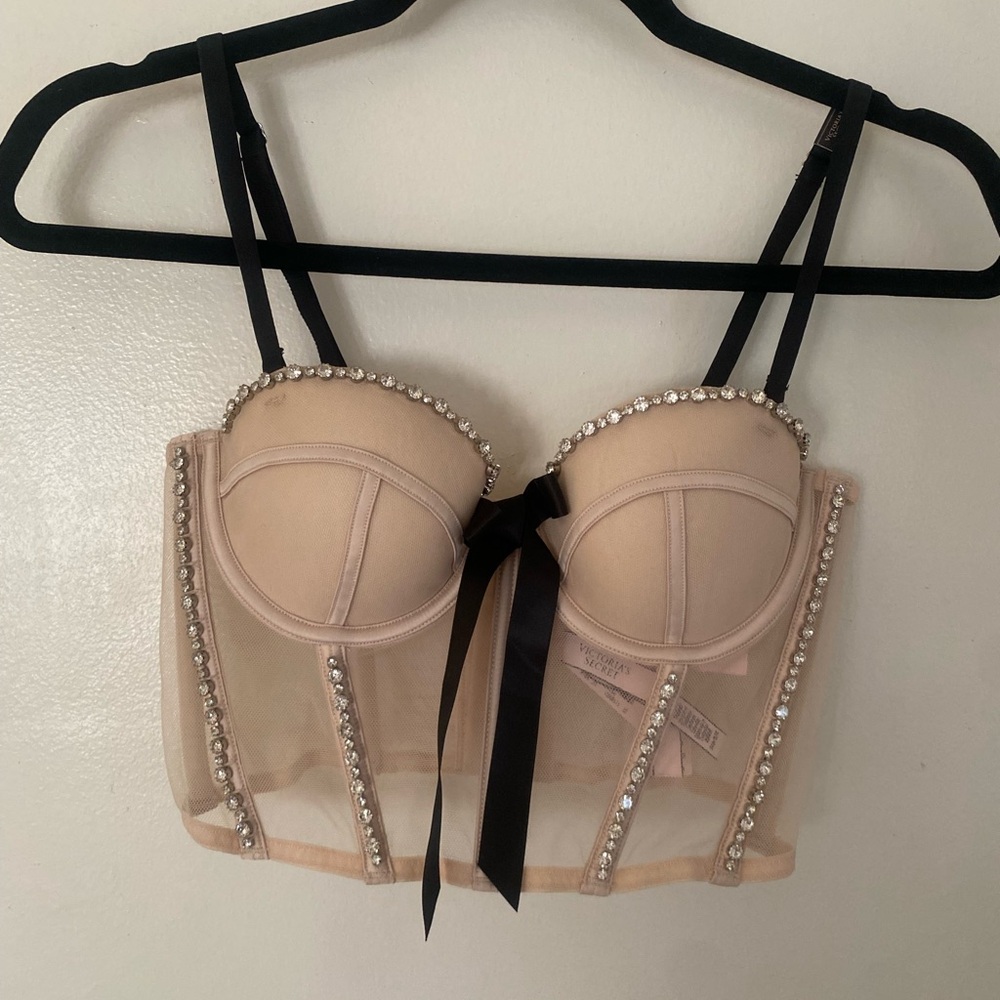 Victoria's Secret Cream and Black Corset Bra with Gem Studded Detailing